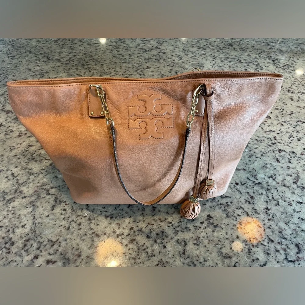 Tory Burch Thea tassel Tan pebbled Leather Tote Bag
